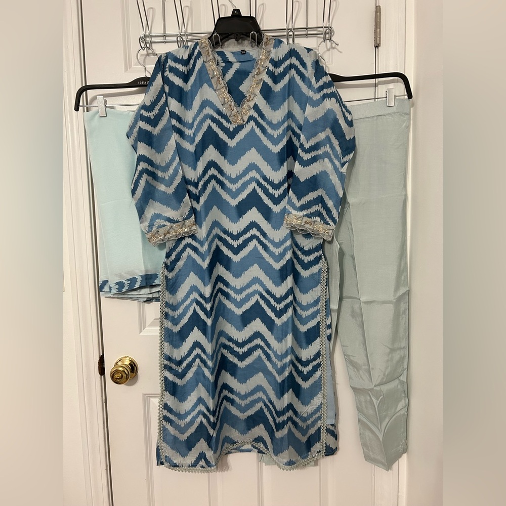 Indian Pakistani 3 piece stitched suit in dark and light blue